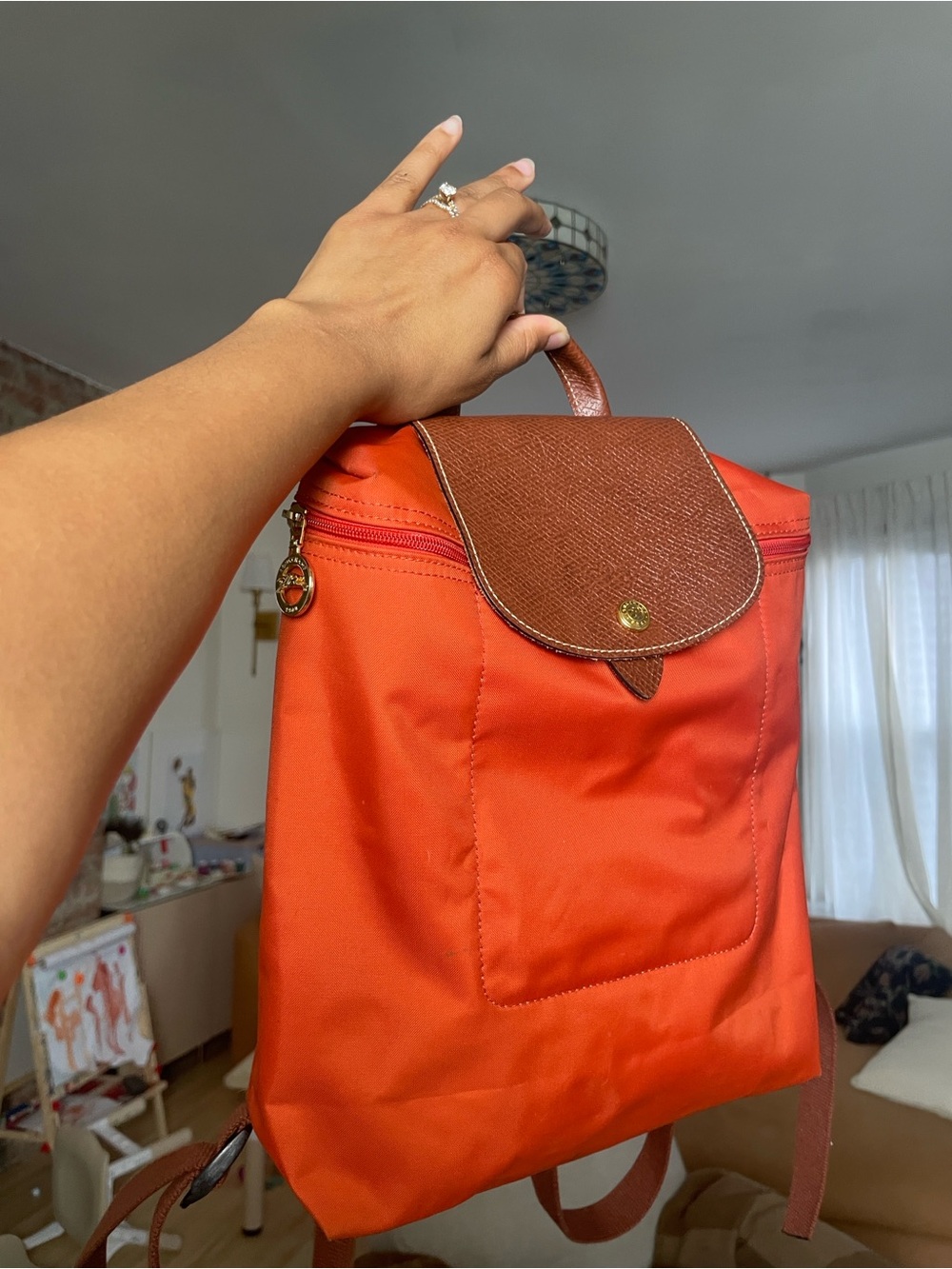 Longchamp Orange Canvas Backpack with Brown Flap - Picture 5 of 7